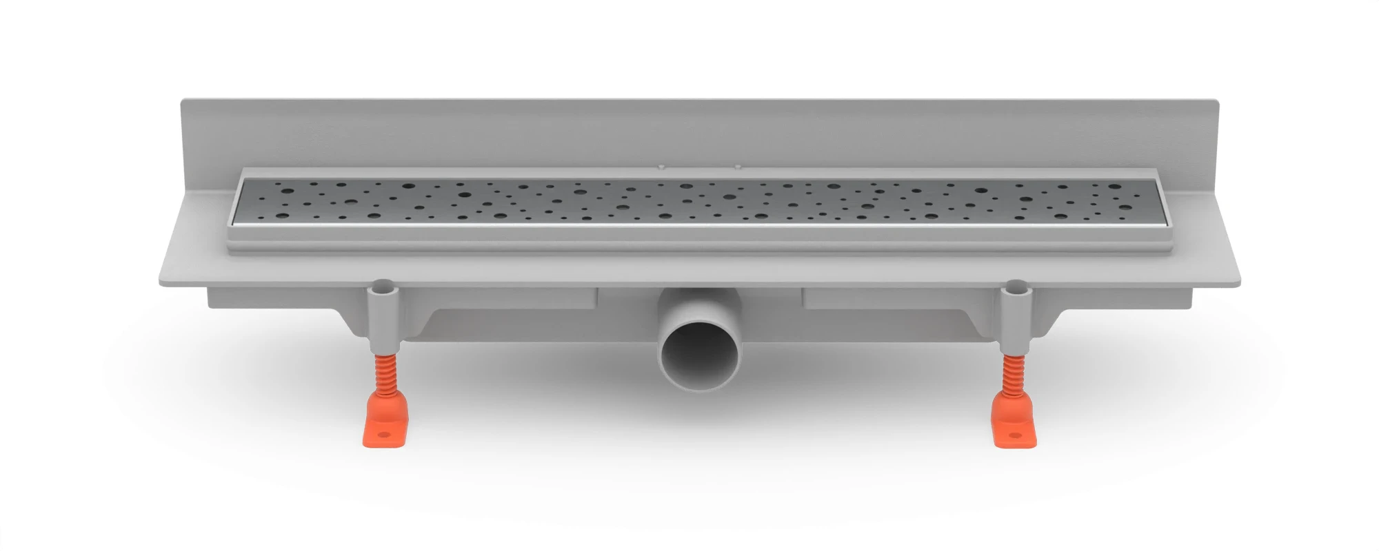 Lineární plastový žlab ke stěně 350 mm, boční D40, plastový rámeček, mřížka DROPS lesk
