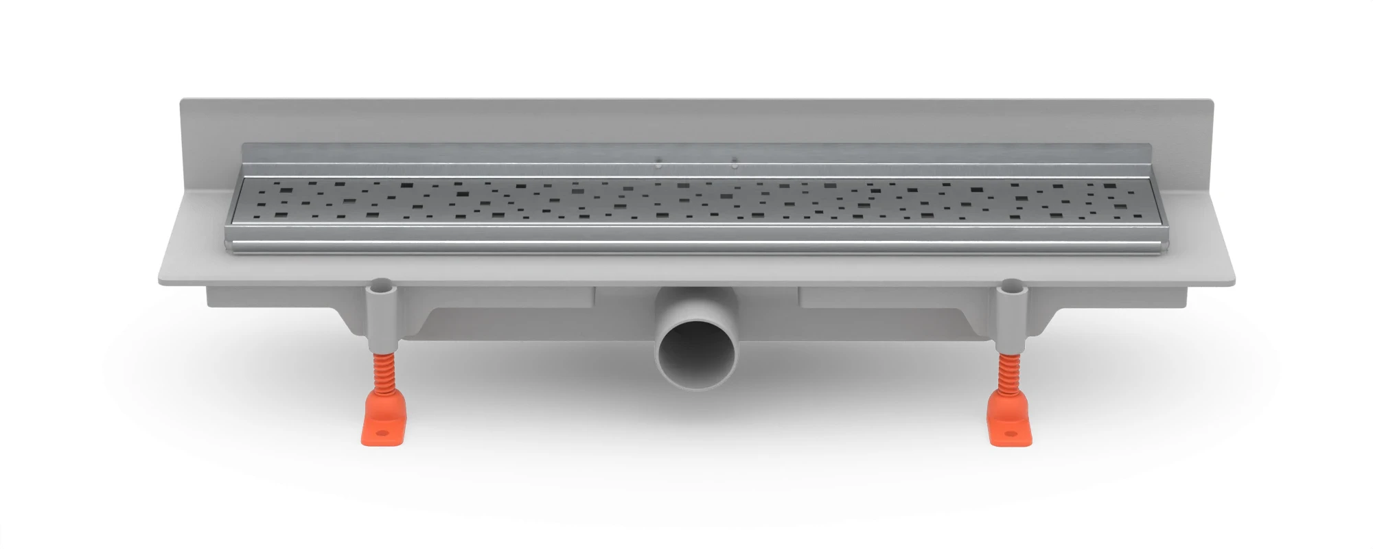 Lineární plastový žlab ke stěně 350 mm, boční D40, nerezový rámeček, mřížka SQUARE lesk