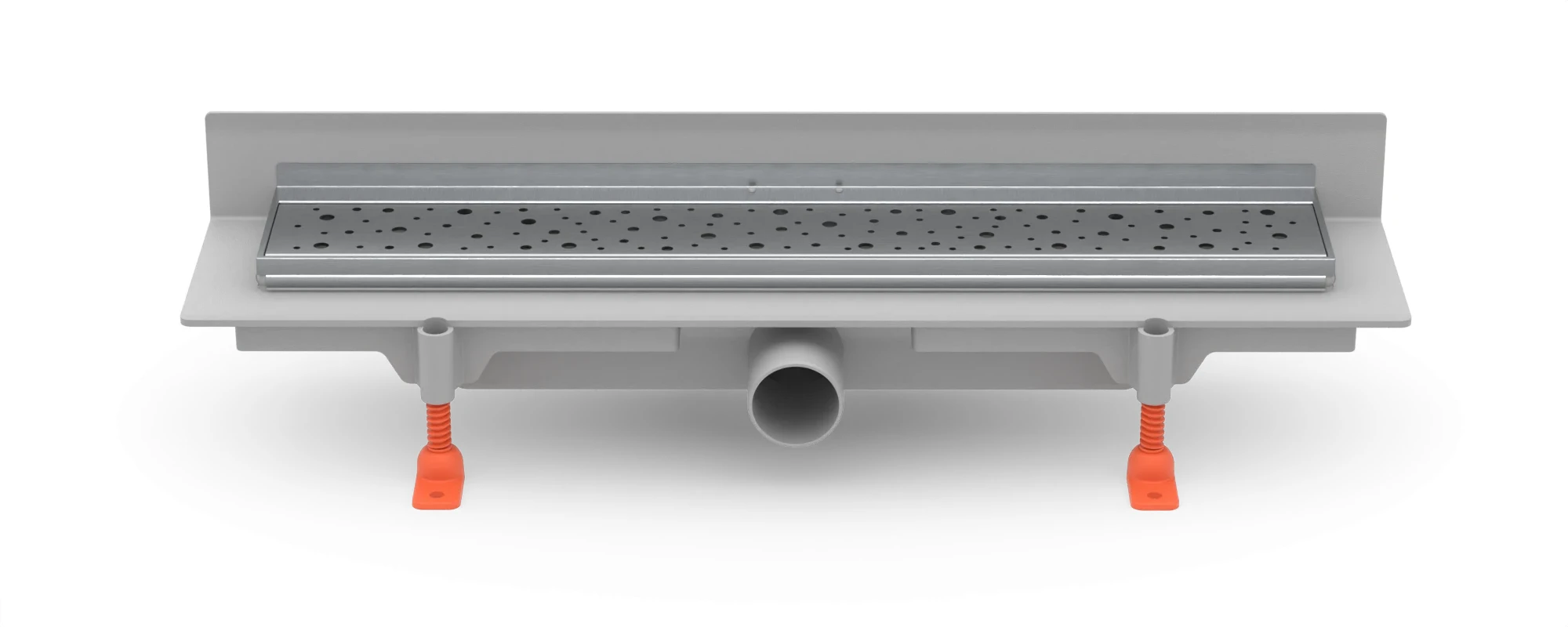Lineární plastový žlab ke stěně 450 mm, boční D40, nerezový rámeček, mřížka DROPS mat