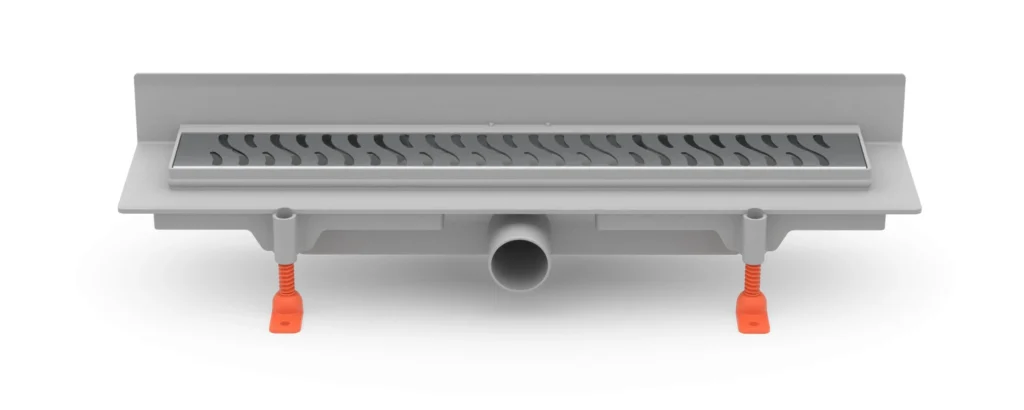 Lineární plastový žlab ke stěně 450 mm, boční D40, plastový rámeček, mřížka HARMONY lesk
