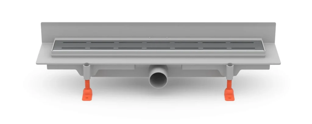 Lineární plastový žlab ke stěně 450 mm, boční D40, plastový rámeček, mřížka LINE lesk