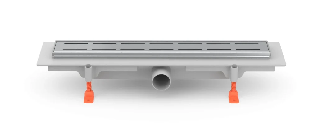 Lineární plastový žlab 450 mm, boční D40, nerezový rámeček, mřížka LINE lesk