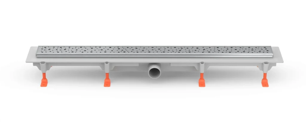 Lineární plastový žlab 750 mm, boční D40, nerezový rámeček, mřížka SQUARE lesk